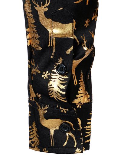 Men's Gold Christmas Reindeer Festive Print Long Sleeve Shirt