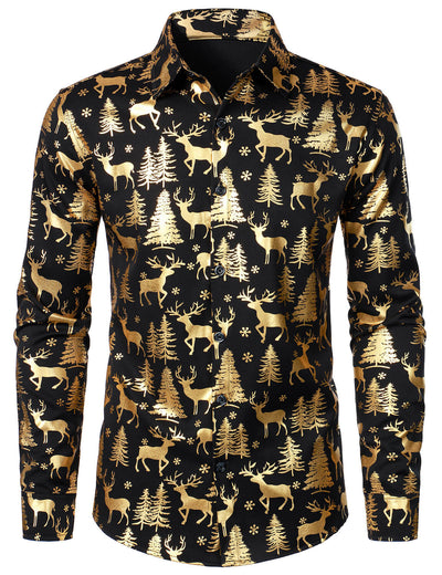 Men's Gold Christmas Reindeer Festive Print Long Sleeve Shirt
