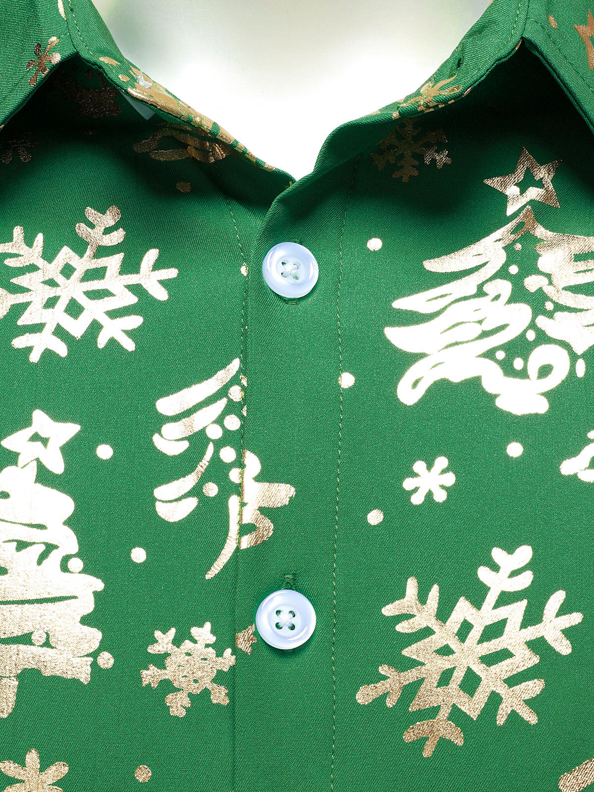 Men's Gold Christmas Print Regular Fit Green Long Sleeve Shirt
