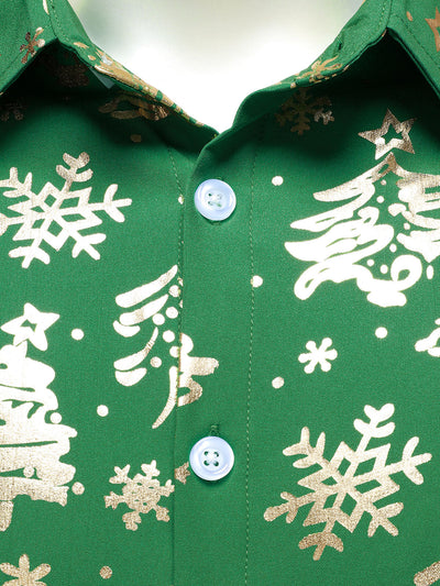 Men's Gold Christmas Print Regular Fit Green Long Sleeve Shirt