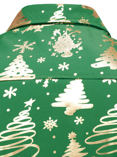 Men's Gold Christmas Print Regular Fit Green Long Sleeve Shirt