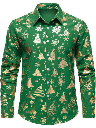 Men's Gold Christmas Print Regular Fit Green Long Sleeve Shirt