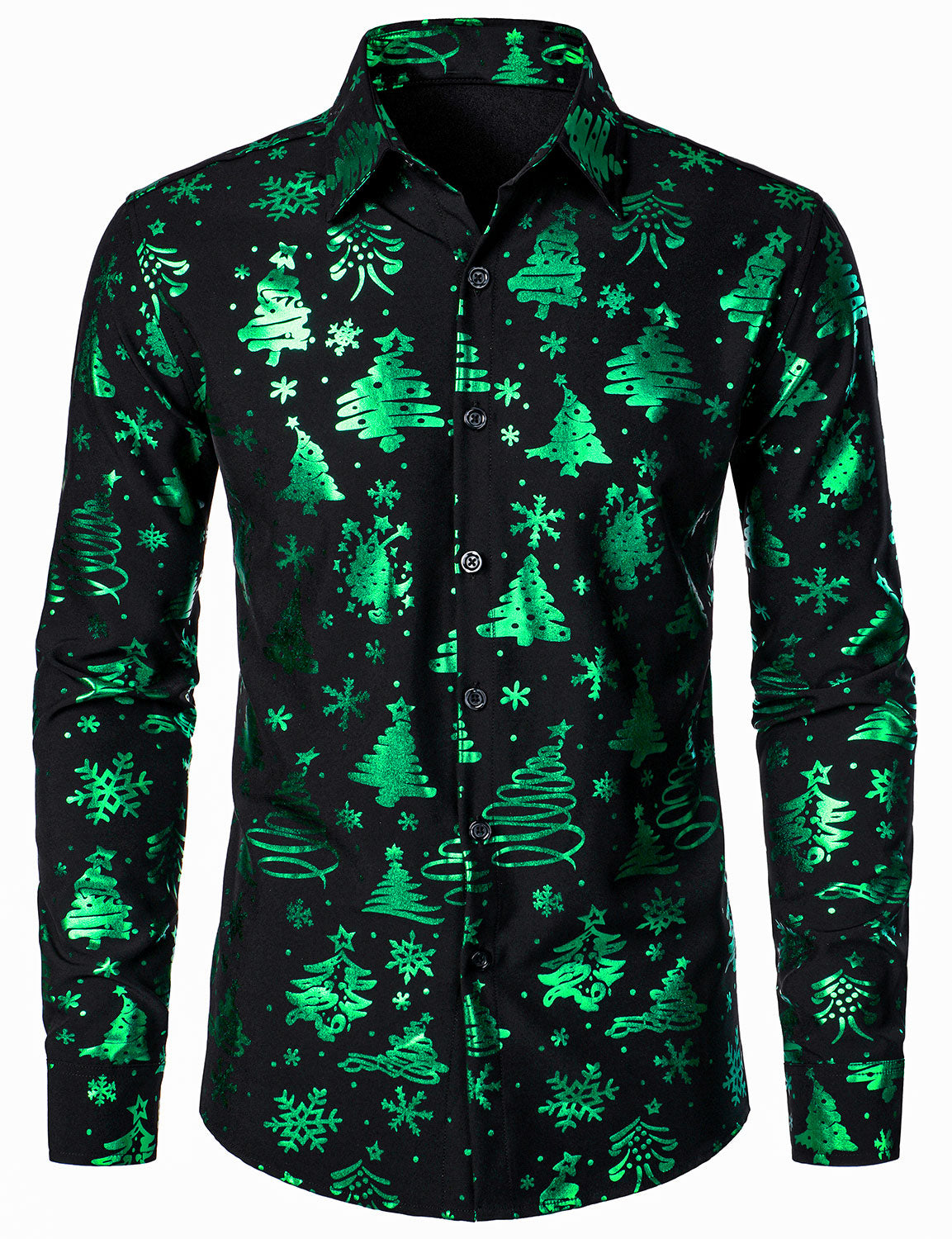 Men's Christmas Print Regular Fit Green Long Sleeve Shirt