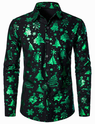 Men's Christmas Print Regular Fit Green Long Sleeve Shirt