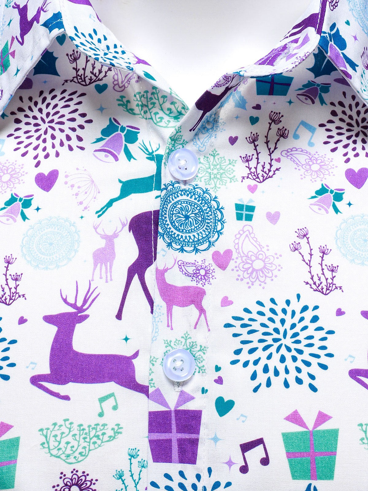 Men's Christmas Reindeer Festive Print Xmas Holiday White Long Sleeve Shirt