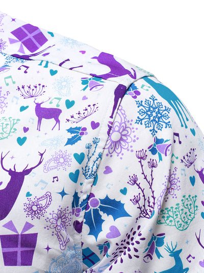 Men's Christmas Reindeer Festive Print Xmas Holiday White Long Sleeve Shirt