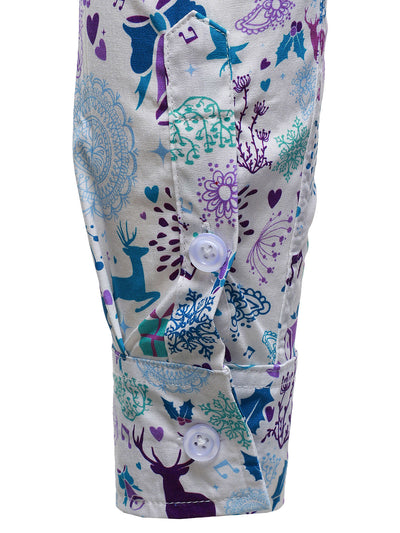 Men's Christmas Reindeer Festive Print Xmas Holiday White Long Sleeve Shirt