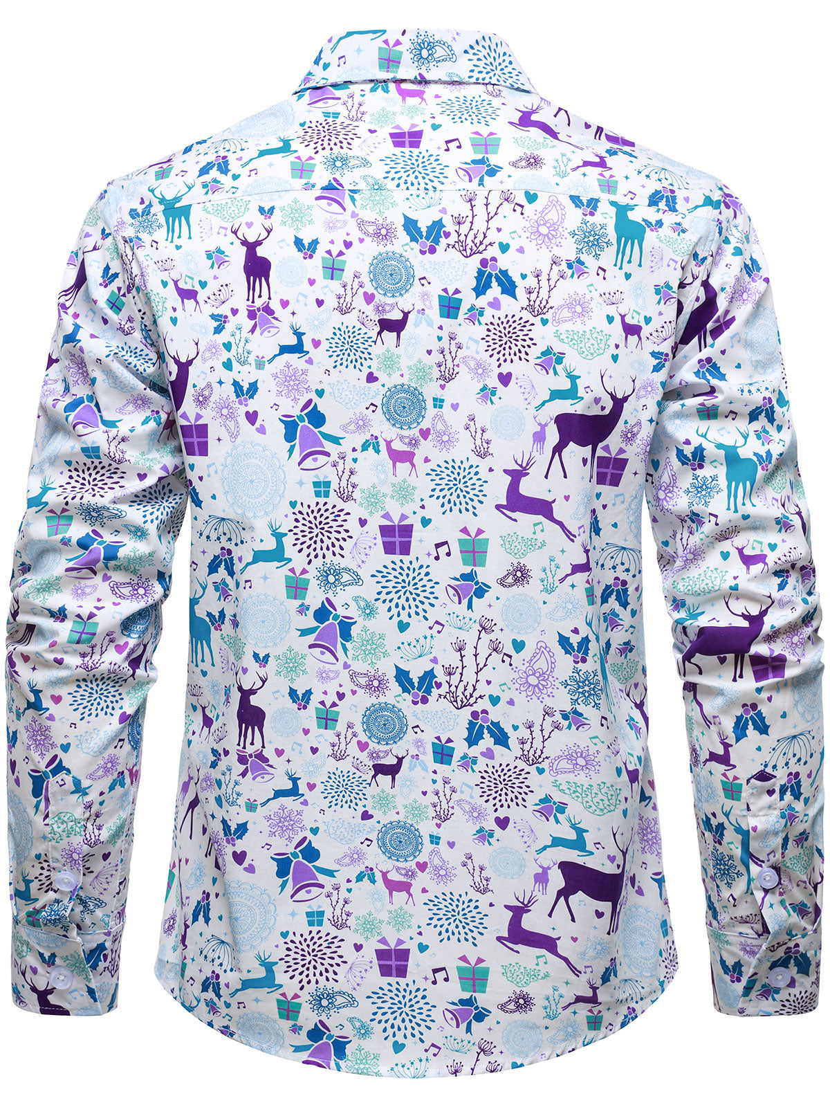 Men's Christmas Reindeer Festive Print Xmas Holiday White Long Sleeve Shirt