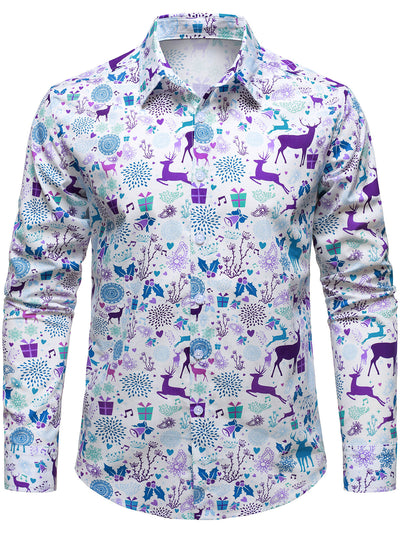 Men's Christmas Reindeer Festive Print Xmas Holiday White Long Sleeve Shirt