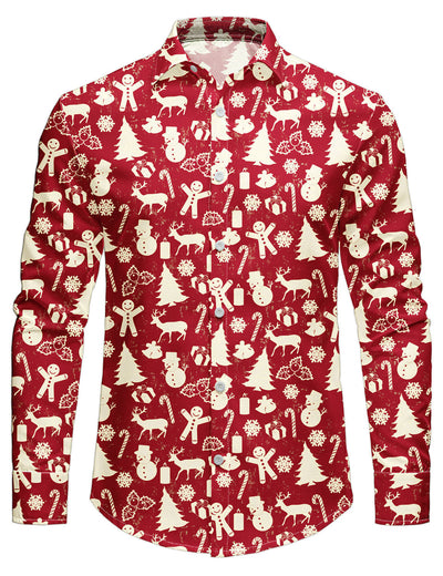 Men's Christmas Reindeer Red Festive Print Long Sleeve Shirt