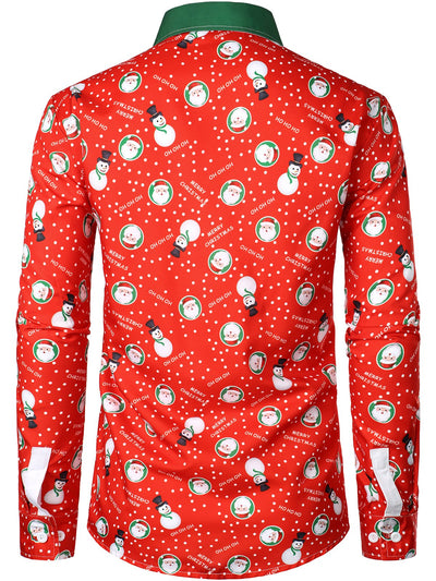 Men's Christmas Snowman Santa Print Fun Outfit Holiday Themed Long Sleeve Shirt