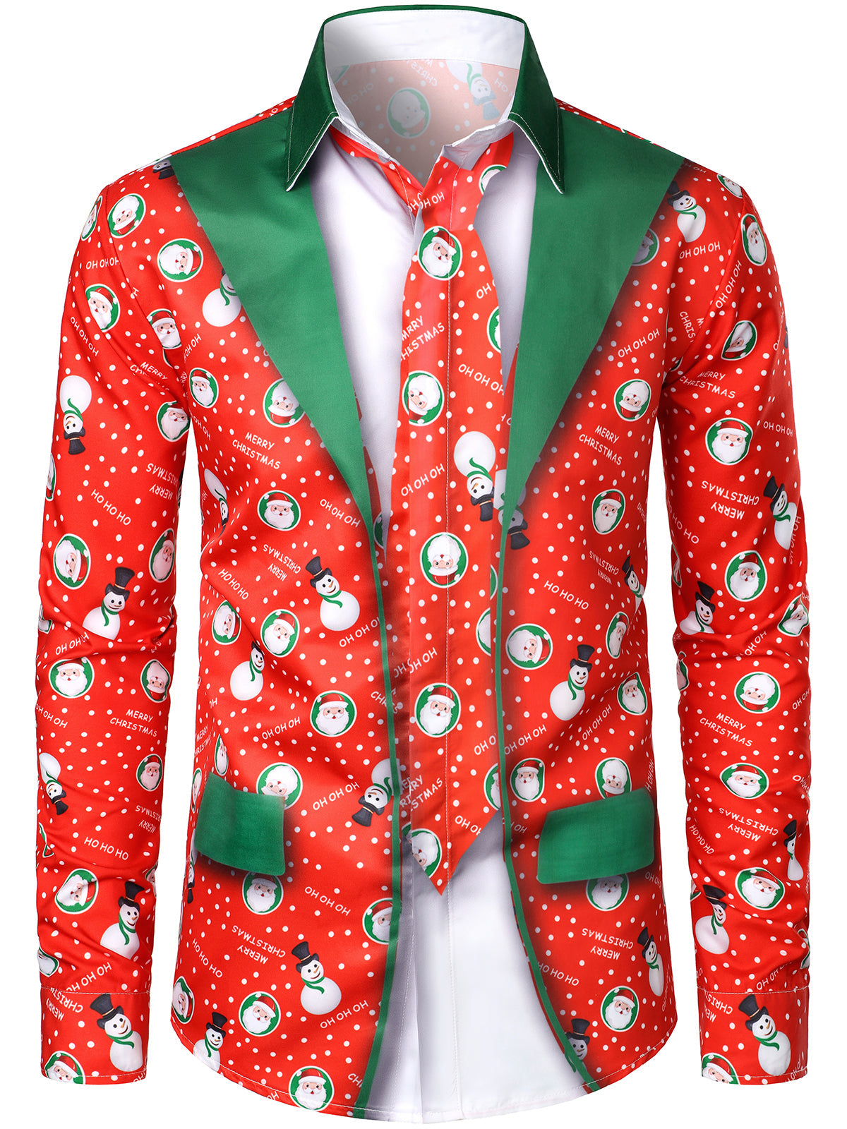 Men's Christmas Snowman Santa Print Fun Outfit Holiday Themed Long Sleeve Shirt