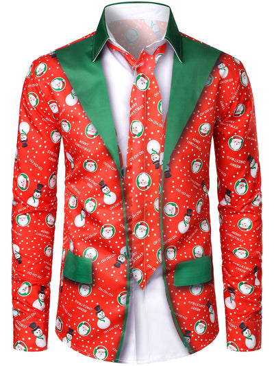 Men's Christmas Snowman Santa Print Fun Outfit Holiday Themed Long Sleeve Shirt