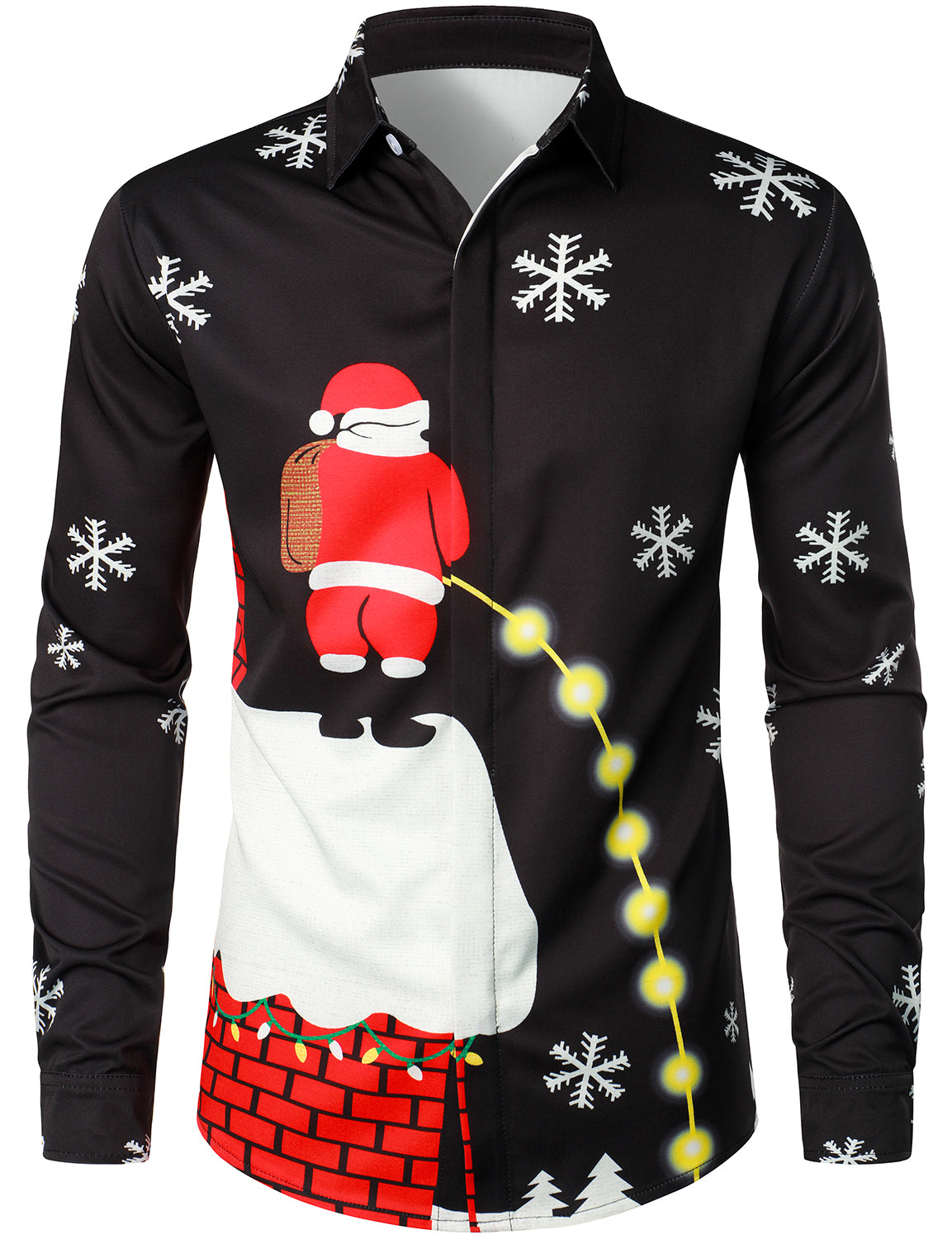 Men's Santa Button-Up Black Fun Long Sleeve Shirt