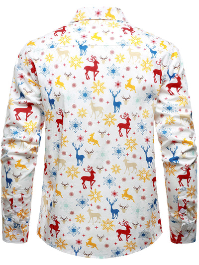 Men's Christmas Theme Festive Reindeer Snowflake White Long Sleeve Shirt