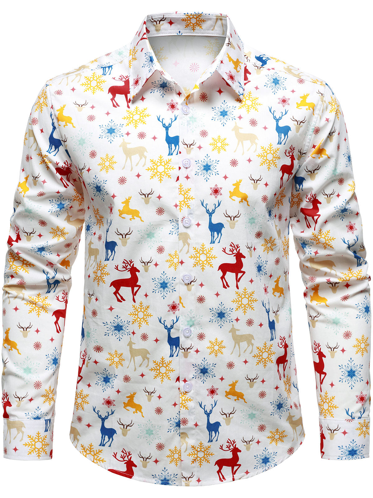 Men's Christmas Theme Festive Reindeer Snowflake White Long Sleeve Shirt