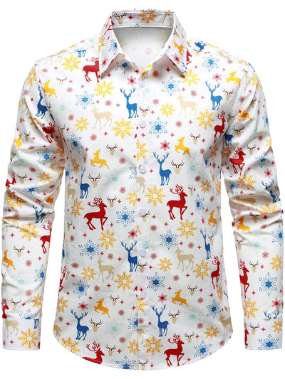 Men's Christmas Theme Festive Reindeer Snowflake White Long Sleeve Shirt