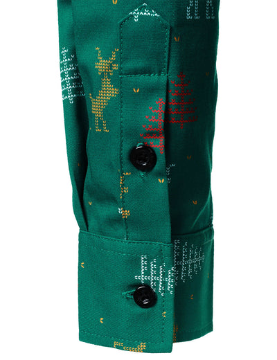 Men's Christmas Tree Moose Print Breathable Green Long Sleeve Shirt