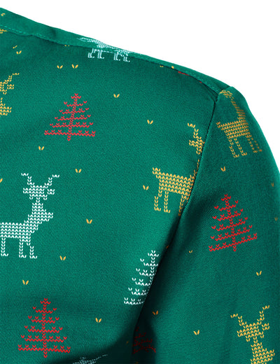 Men's Christmas Tree Moose Print Breathable Green Long Sleeve Shirt