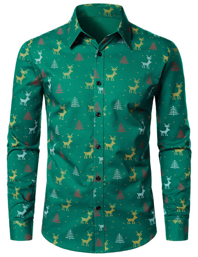 Men's Christmas Tree Moose Print Breathable Green Long Sleeve Shirt
