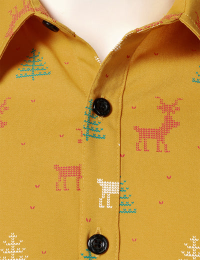 Men's Christmas Tree Moose Print Breathable Yellow Long Sleeve Shirt