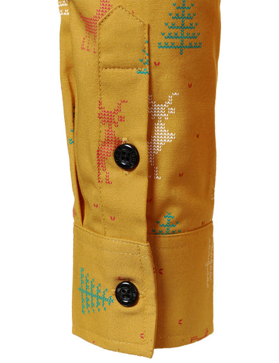 Men's Christmas Tree Moose Print Breathable Yellow Long Sleeve Shirt