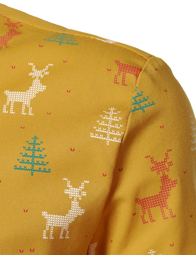 Men's Christmas Tree Moose Print Breathable Yellow Long Sleeve Shirt