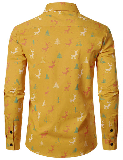 Men's Christmas Tree Moose Print Breathable Yellow Long Sleeve Shirt