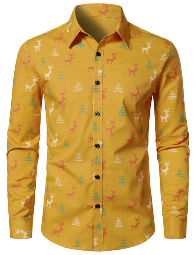 Men's Christmas Tree Moose Print Breathable Yellow Long Sleeve Shirt