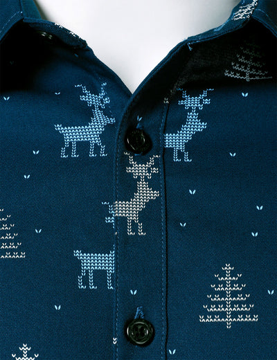Men's Christmas Tree Moose Print Breathable Navy Long Sleeve Shirt