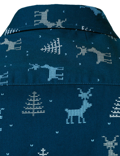 Men's Christmas Tree Moose Print Breathable Navy Long Sleeve Shirt