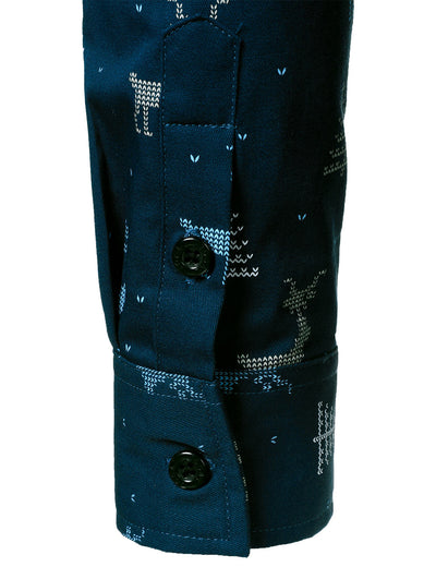 Men's Christmas Tree Moose Print Breathable Navy Long Sleeve Shirt