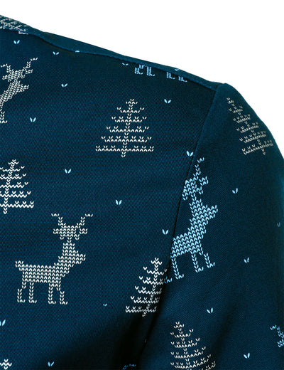 Men's Christmas Tree Moose Print Breathable Navy Long Sleeve Shirt