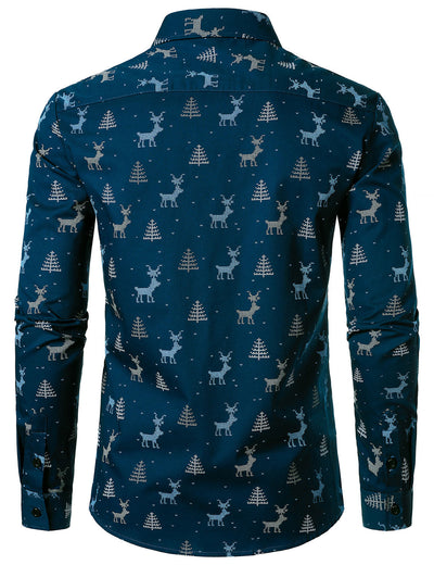 Men's Christmas Tree Moose Print Breathable Navy Long Sleeve Shirt