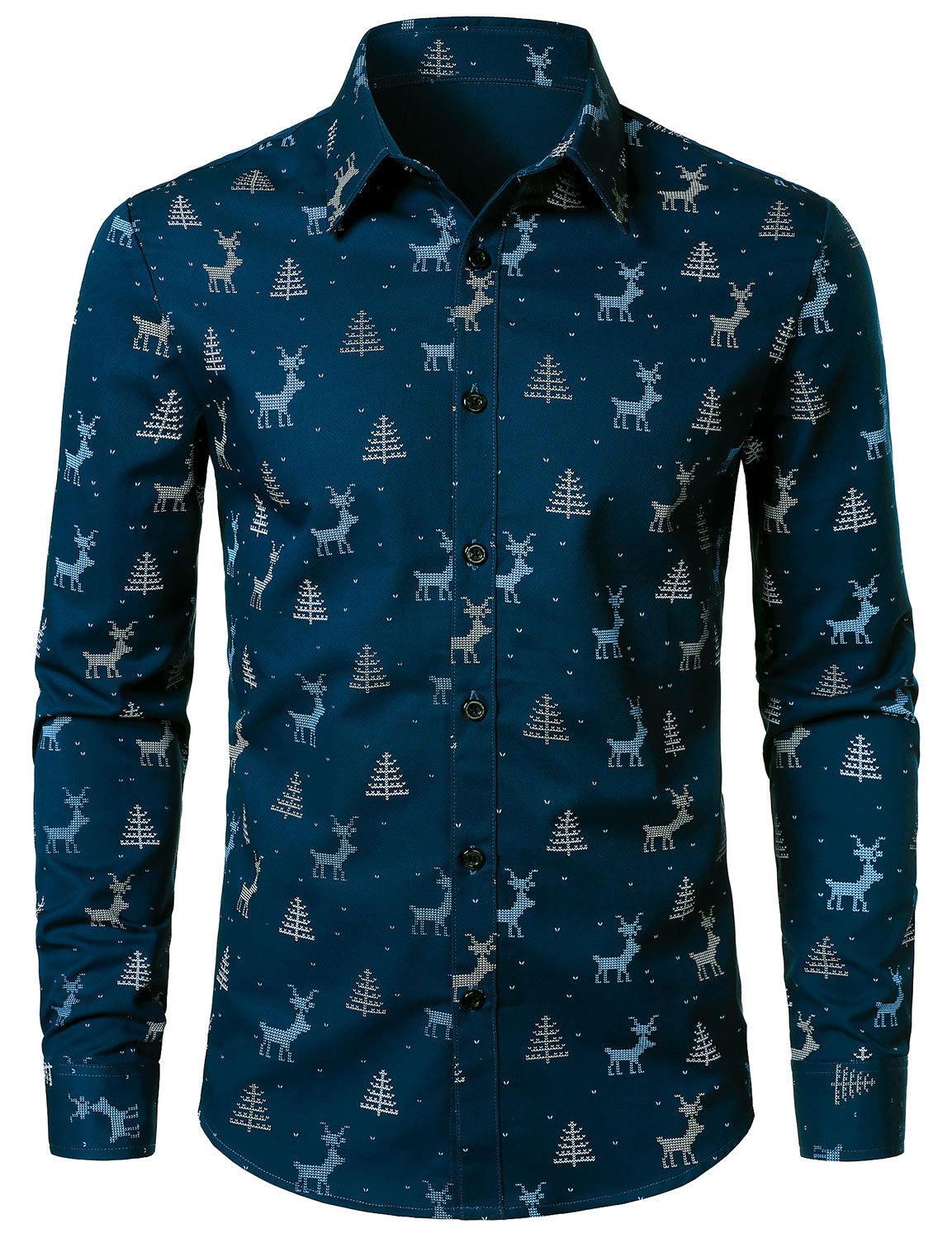 Men's Christmas Tree Moose Print Breathable Navy Long Sleeve Shirt