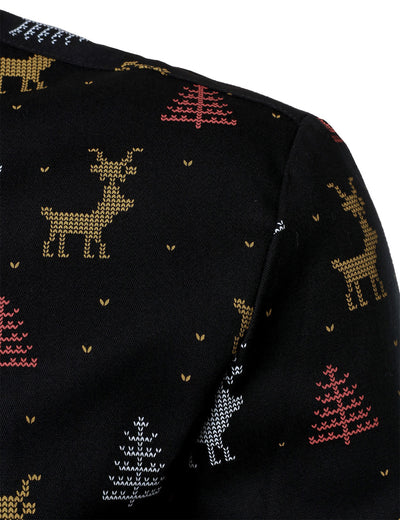 Men's Christmas Tree Moose Print Breathable Black Long Sleeve Shirt