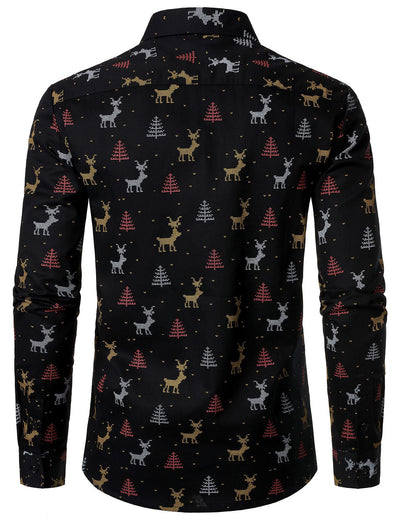 Men's Christmas Tree Moose Print Breathable Black Long Sleeve Shirt