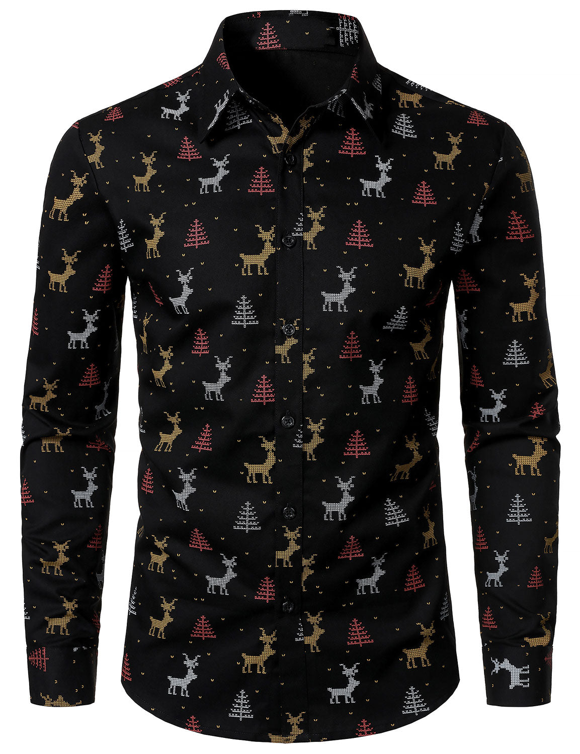 Men's Christmas Tree Moose Print Breathable Black Long Sleeve Shirt
