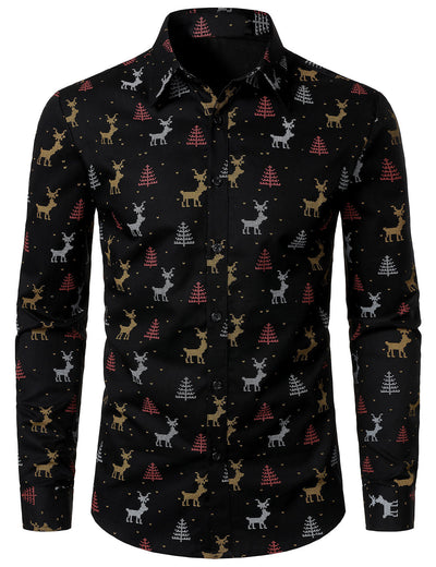 Men's Christmas Tree Moose Print Breathable Black Long Sleeve Shirt
