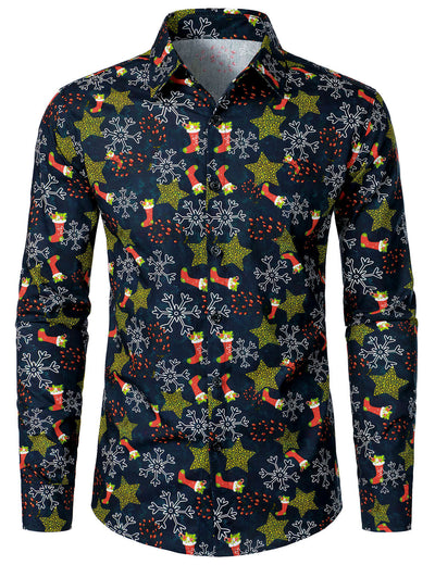 Men's Christmas Print Holiday Cotton Long Sleeve Shirt