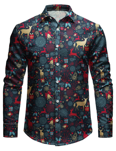 Men's Vintage Christmas Reindeer Printed Holiday Long Sleeve Shirt