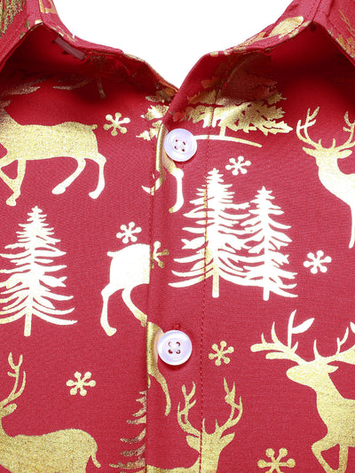 Men's Golden Christmas Reindeer Festive Print Red Long-Sleeve Shirt