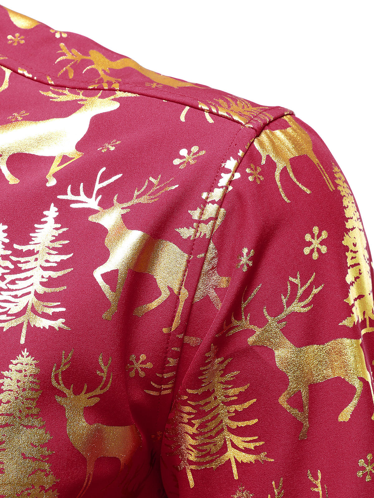 Men's Golden Christmas Reindeer Festive Print Red Long-Sleeve Shirt
