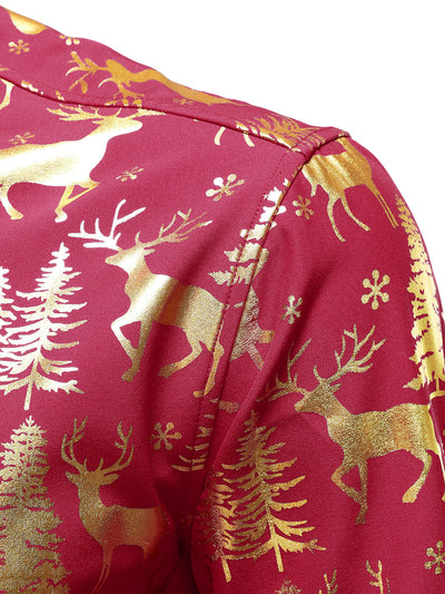 Men's Golden Christmas Reindeer Festive Print Red Long-Sleeve Shirt