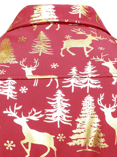 Men's Golden Christmas Reindeer Festive Print Red Long-Sleeve Shirt