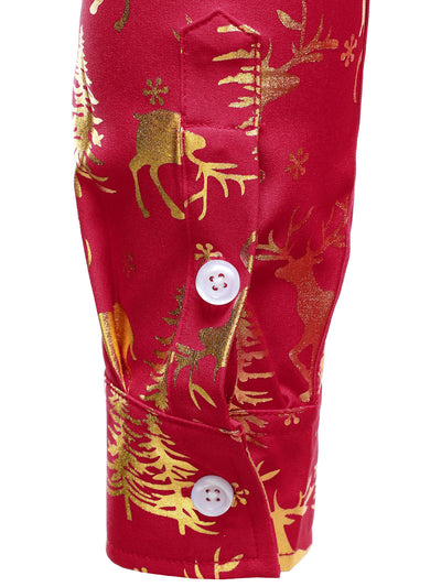 Men's Golden Christmas Reindeer Festive Print Red Long-Sleeve Shirt
