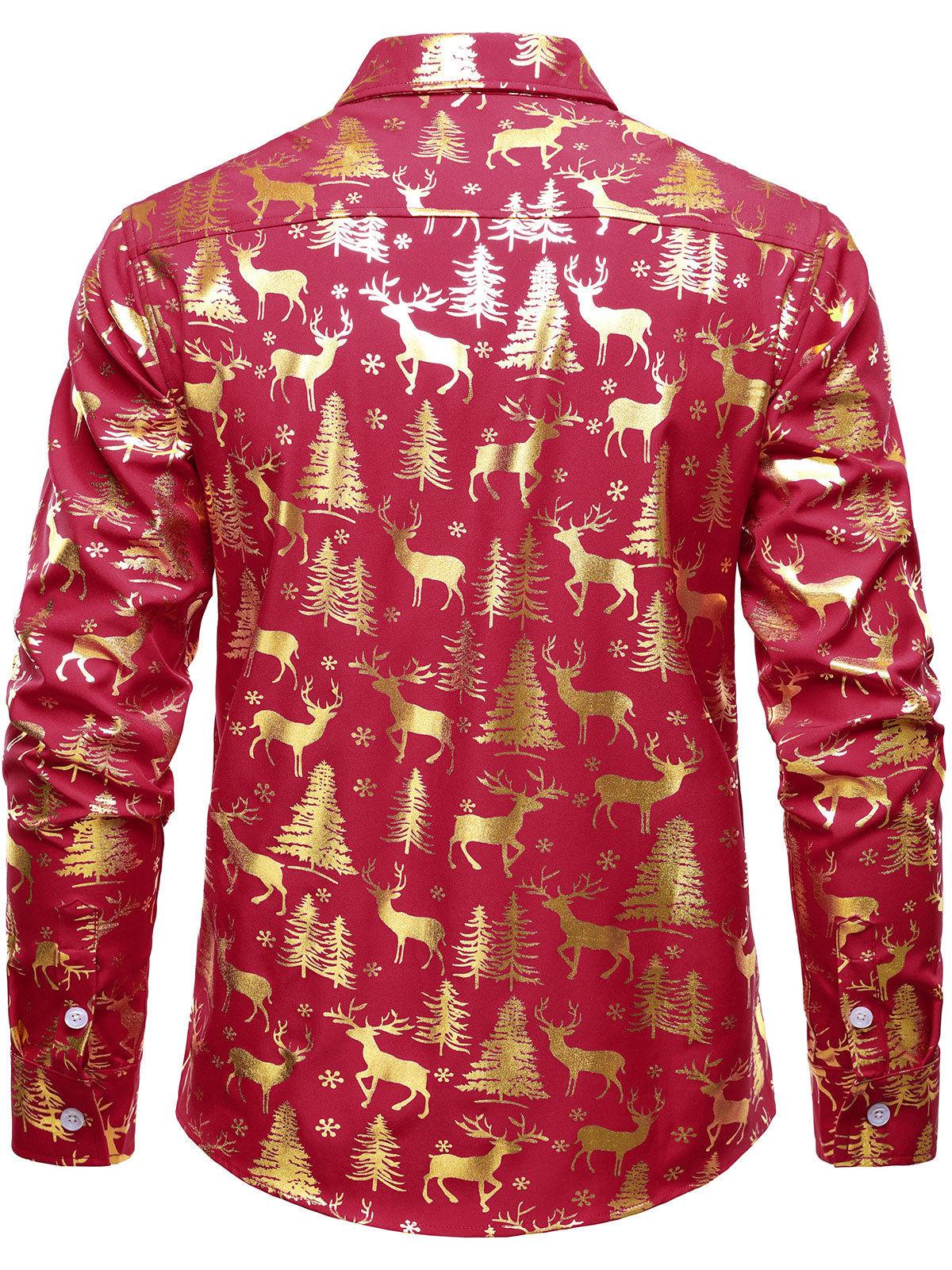 Men's Golden Christmas Reindeer Festive Print Red Long-Sleeve Shirt