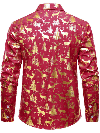 Men's Golden Christmas Reindeer Festive Print Red Long-Sleeve Shirt