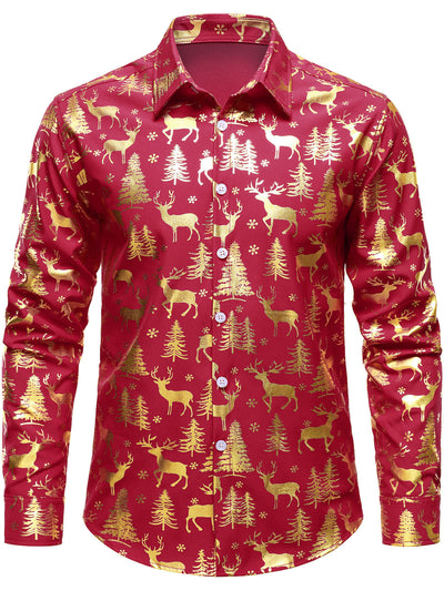 Men's Golden Christmas Reindeer Festive Print Red Long-Sleeve Shirt