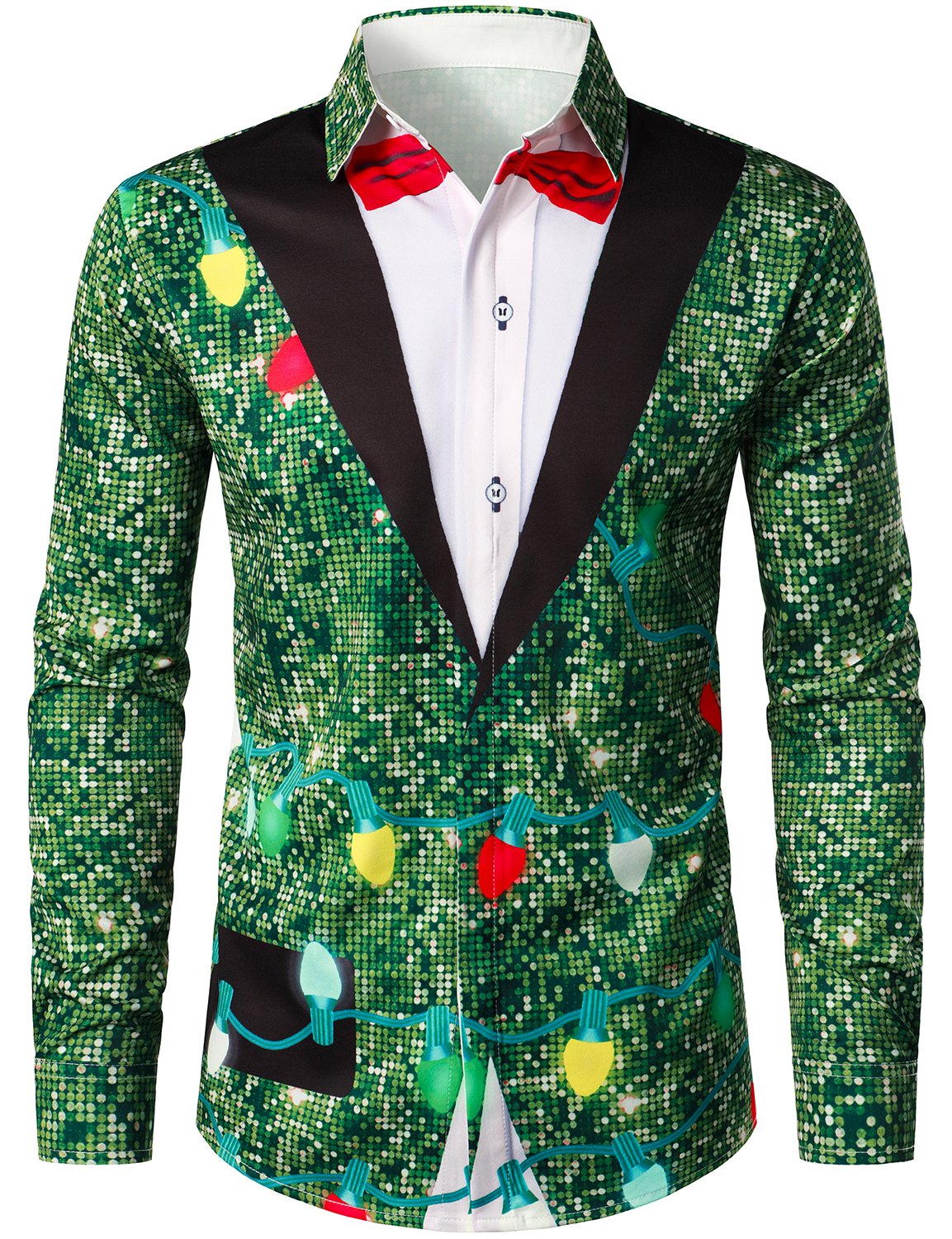 Men's Christmas Tree Funny Outfit Christmas Theme Top Holiday Green Button Long Sleeve Shirt
